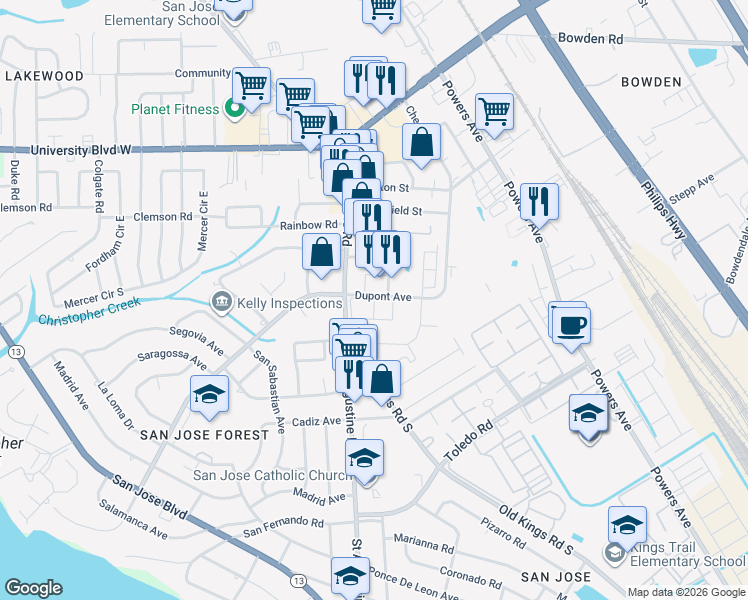 map of restaurants, bars, coffee shops, grocery stores, and more near 6701 Saint Augustine Road in Jacksonville
