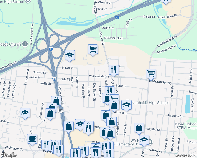 map of restaurants, bars, coffee shops, grocery stores, and more near 109 Sonny Street in Lafayette