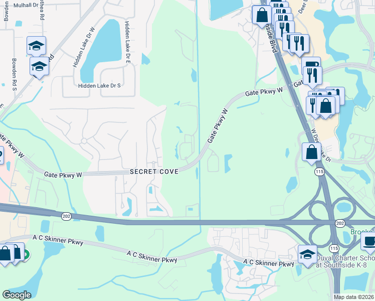 map of restaurants, bars, coffee shops, grocery stores, and more near 8539 Gate Parkway West in Jacksonville