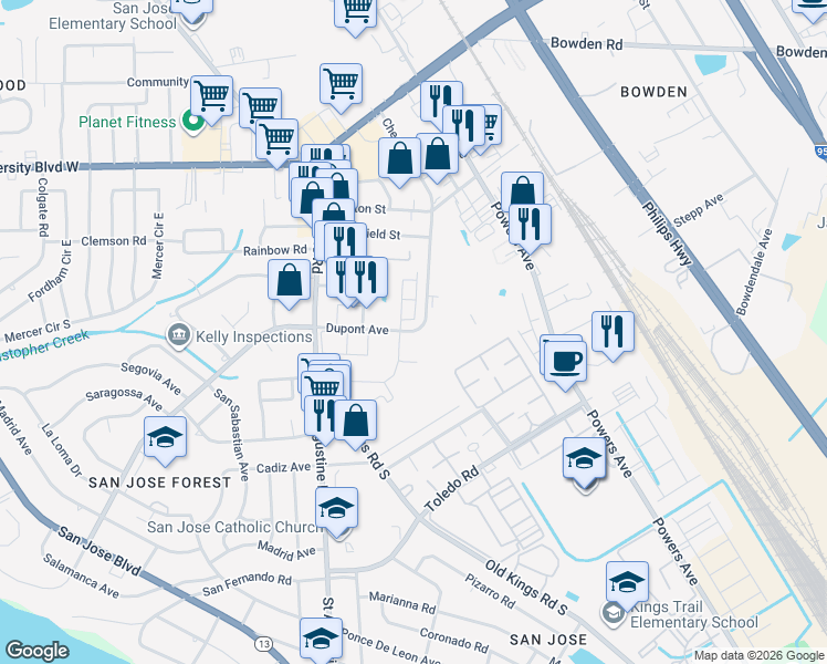 map of restaurants, bars, coffee shops, grocery stores, and more near 3760 Dupont Avenue in Jacksonville