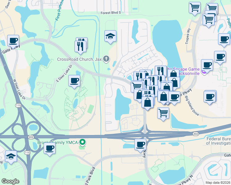 map of restaurants, bars, coffee shops, grocery stores, and more near 10000 Gate Parkway North in Jacksonville