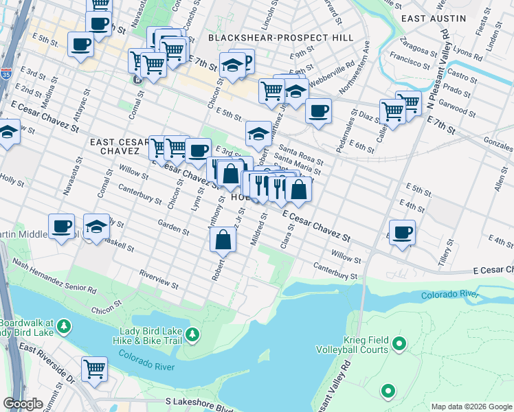 map of restaurants, bars, coffee shops, grocery stores, and more near 2207 East Cesar Chavez Street in Austin