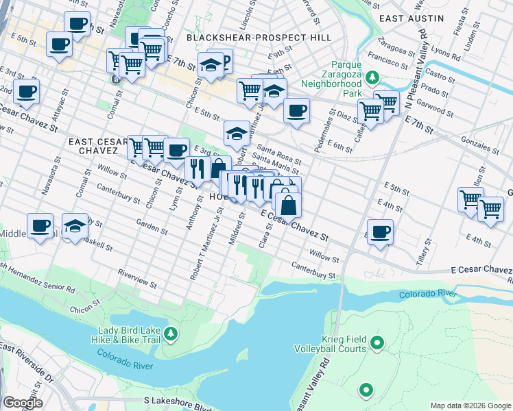 map of restaurants, bars, coffee shops, grocery stores, and more near 2305 East Cesar Chavez Street in Austin