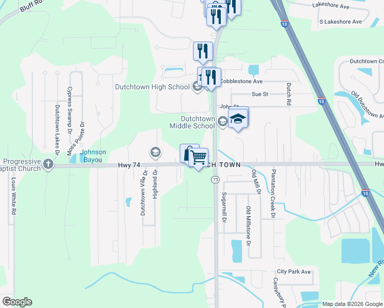 map of restaurants, bars, coffee shops, grocery stores, and more near 36478 Highway 74 in Geismar