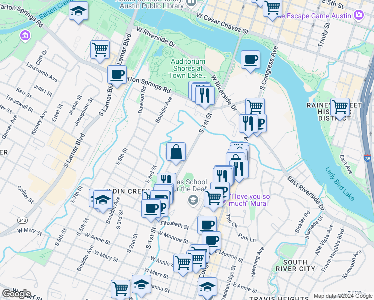 map of restaurants, bars, coffee shops, grocery stores, and more near 720 South 1st Street in Austin