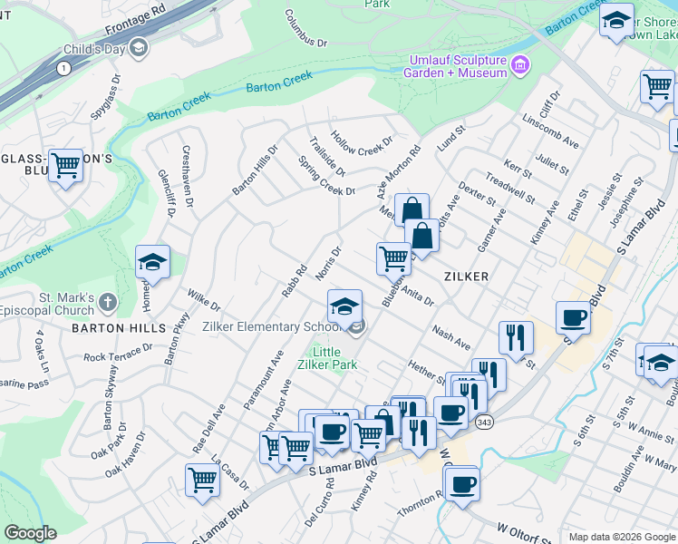 map of restaurants, bars, coffee shops, grocery stores, and more near 2115 Peach Tree Street in Austin