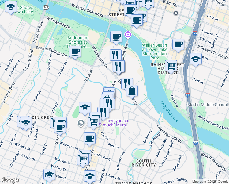 map of restaurants, bars, coffee shops, grocery stores, and more near 611 South Congress Avenue in Austin