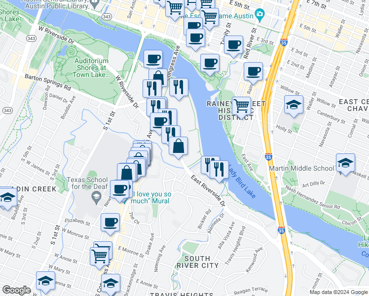 map of restaurants, bars, coffee shops, grocery stores, and more near 200 East Riverside Drive in Austin