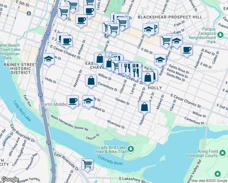 map of restaurants, bars, coffee shops, grocery stores, and more near 1802 Garden Street in Austin