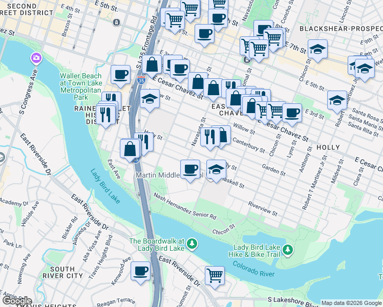 map of restaurants, bars, coffee shops, grocery stores, and more near 1401 Holly Street in Austin