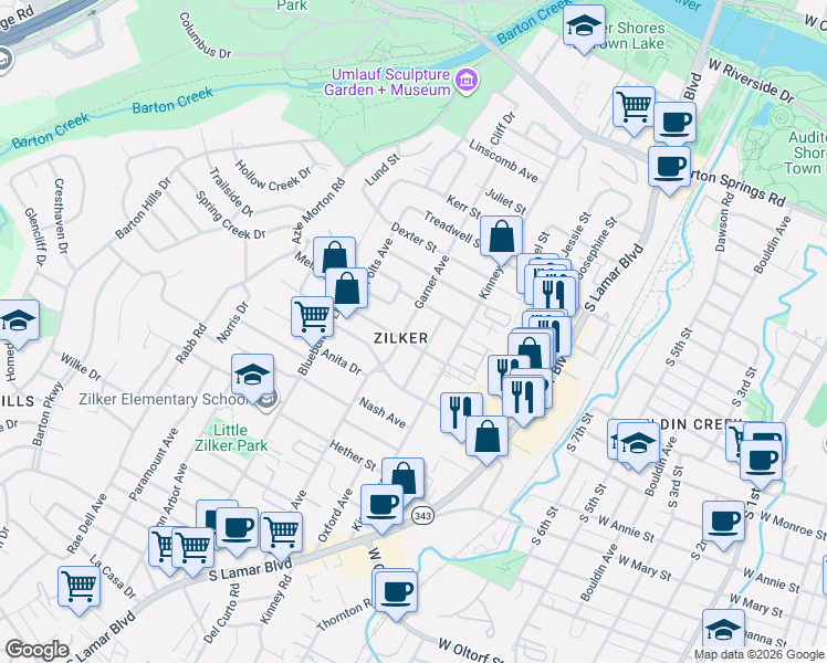 map of restaurants, bars, coffee shops, grocery stores, and more near 1403 Garner Avenue in Austin