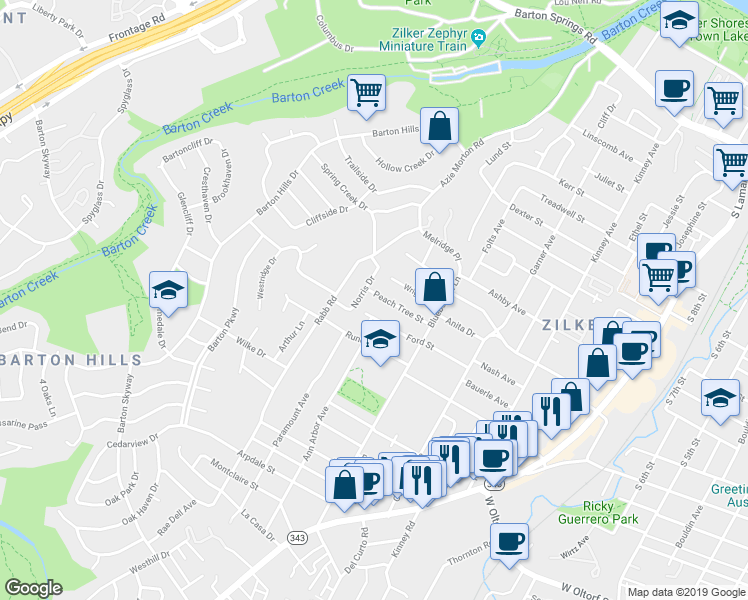map of restaurants, bars, coffee shops, grocery stores, and more near 2115 Peach Tree Street in Austin