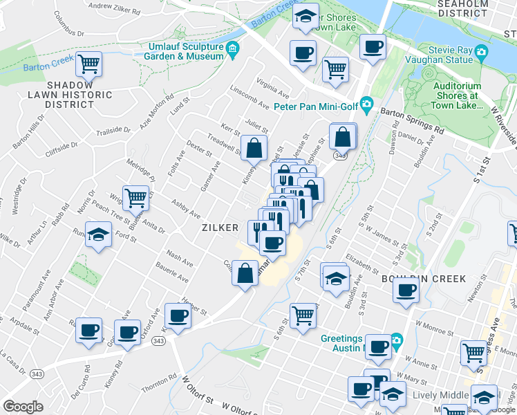 map of restaurants, bars, coffee shops, grocery stores, and more near 1322 Lamar Square Drive in Austin