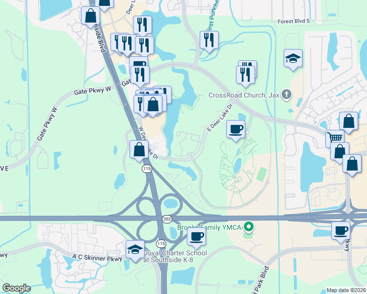 map of restaurants, bars, coffee shops, grocery stores, and more near 4870 East Deer Lake Drive in Jacksonville