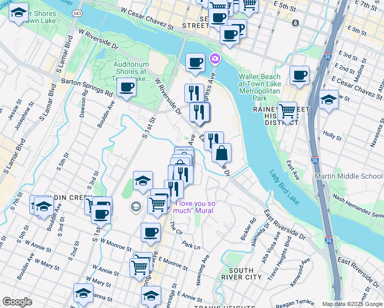 map of restaurants, bars, coffee shops, grocery stores, and more near 611 South Congress Avenue in Austin