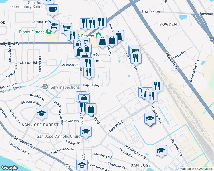 map of restaurants, bars, coffee shops, grocery stores, and more near 3760 Dupont Avenue in Jacksonville