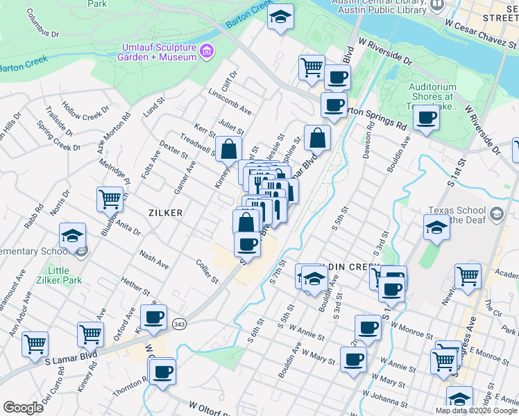 map of restaurants, bars, coffee shops, grocery stores, and more near 1108 South Lamar Boulevard in Austin