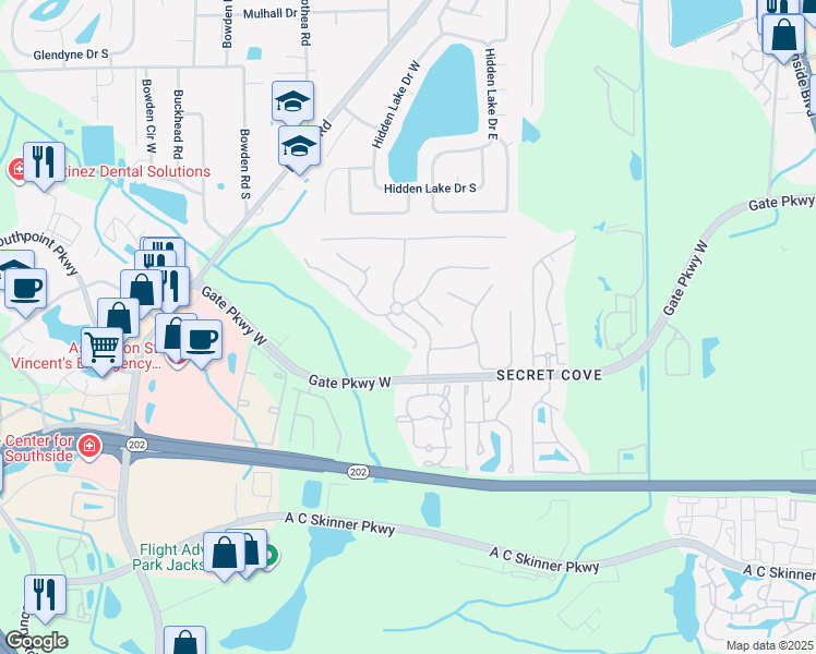 map of restaurants, bars, coffee shops, grocery stores, and more near 3949 Hillstead Lane in Jacksonville
