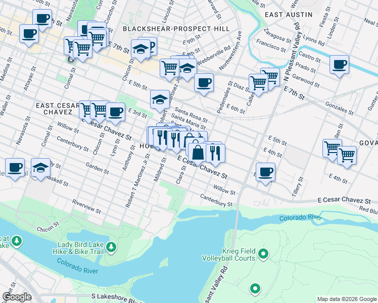 map of restaurants, bars, coffee shops, grocery stores, and more near 2400 East Cesar Chavez Street in Austin