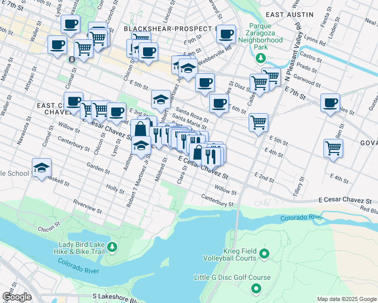 map of restaurants, bars, coffee shops, grocery stores, and more near 2400 East Cesar Chavez Street in Austin