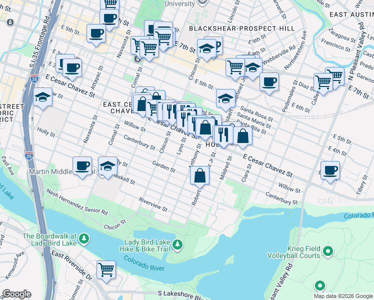 map of restaurants, bars, coffee shops, grocery stores, and more near 2004 Canterbury Street in Austin