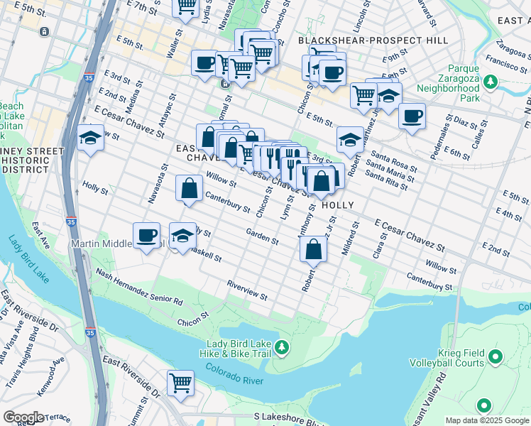 map of restaurants, bars, coffee shops, grocery stores, and more near 1907 Canterbury Street in Austin