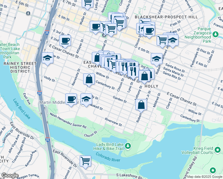 map of restaurants, bars, coffee shops, grocery stores, and more near 1802 Garden Street in Austin