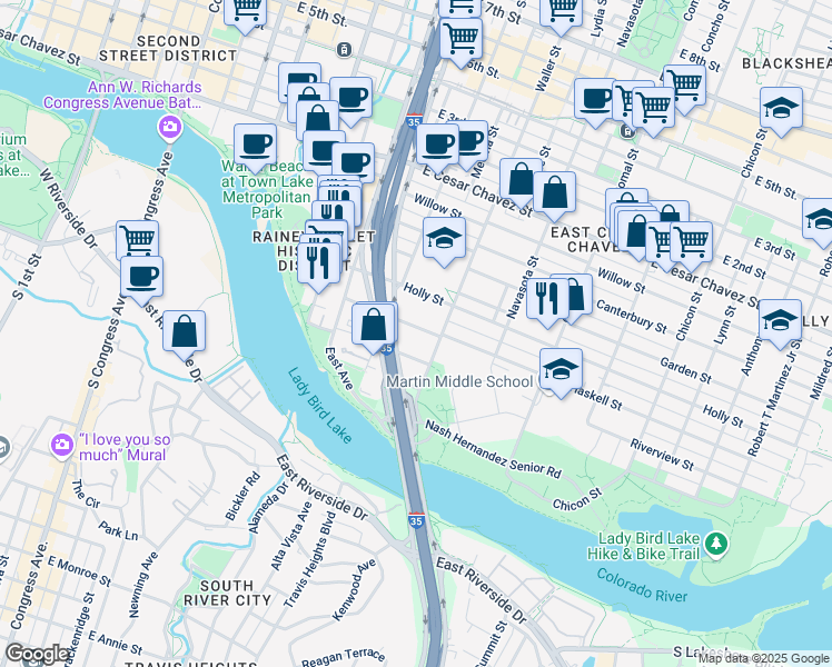 map of restaurants, bars, coffee shops, grocery stores, and more near 46 Waller Street in Austin