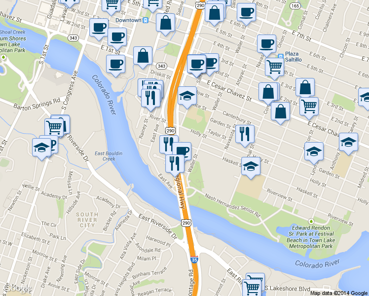 map of restaurants, bars, coffee shops, grocery stores, and more near 46 Waller Street in Austin