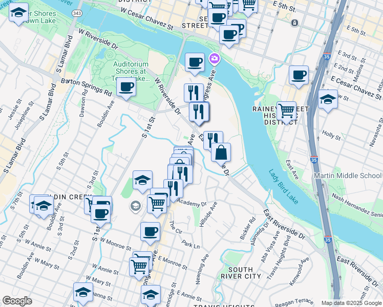 map of restaurants, bars, coffee shops, grocery stores, and more near 713 Congress Avenue in Austin