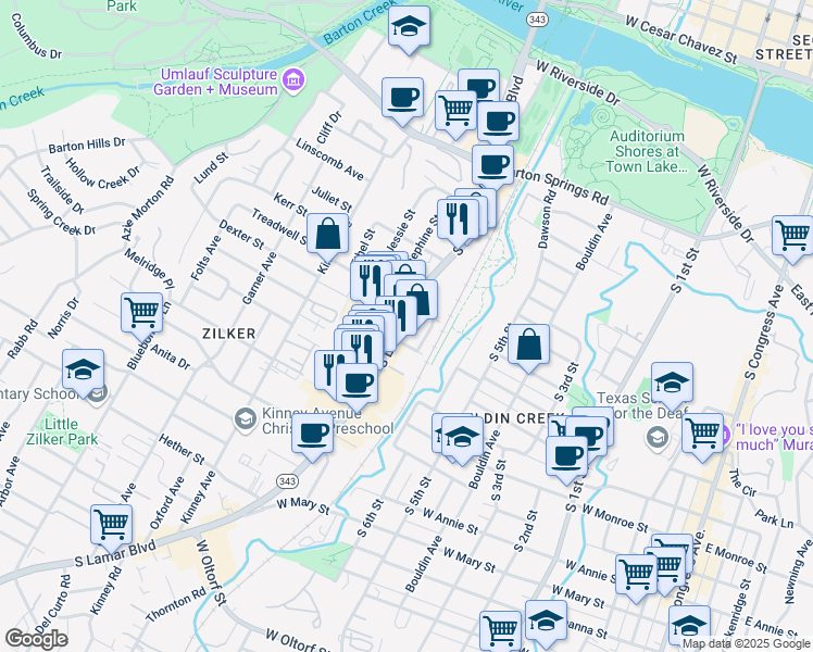 map of restaurants, bars, coffee shops, grocery stores, and more near 1000 South 8th Street in Austin