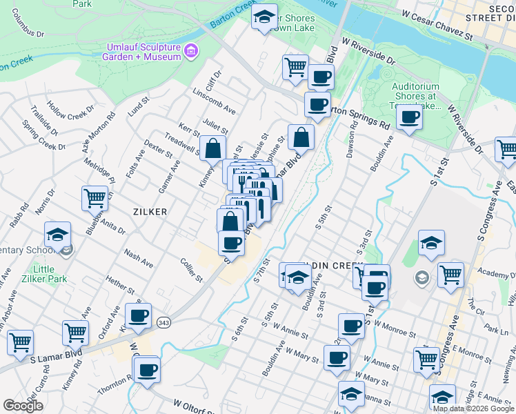 map of restaurants, bars, coffee shops, grocery stores, and more near 1108 South Lamar Boulevard in Austin