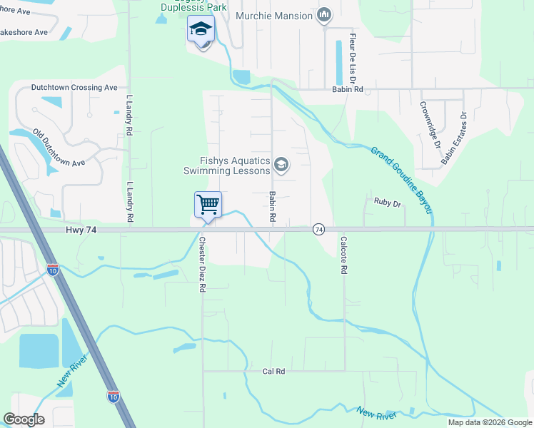 map of restaurants, bars, coffee shops, grocery stores, and more near 38278 Louisiana 74 in Gonzales