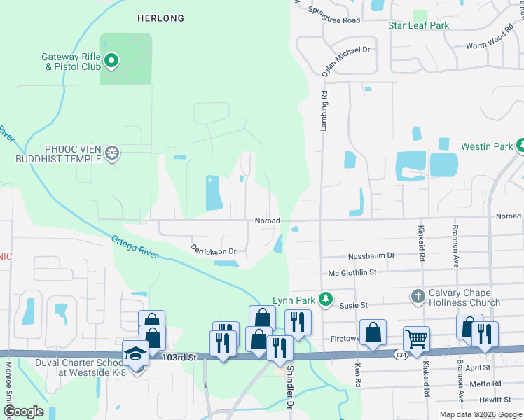 map of restaurants, bars, coffee shops, grocery stores, and more near 8883 Noroad in Jacksonville