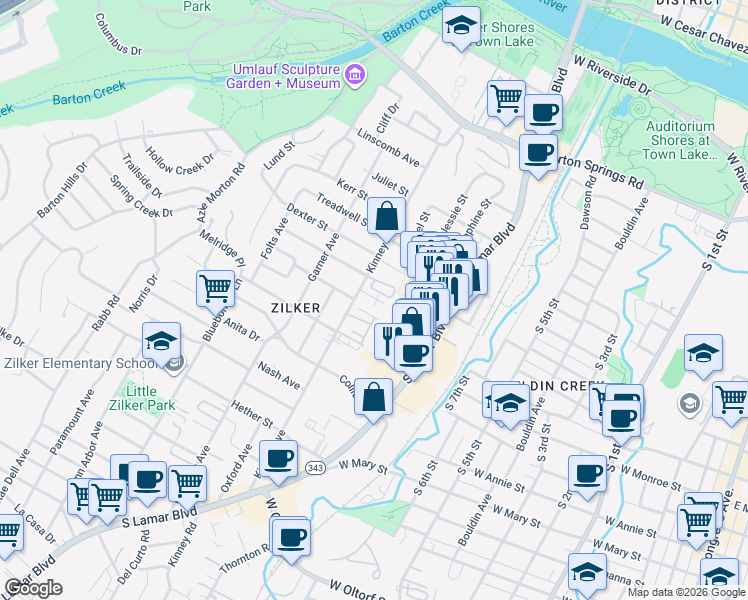 map of restaurants, bars, coffee shops, grocery stores, and more near 1205 Kinney Avenue in Austin