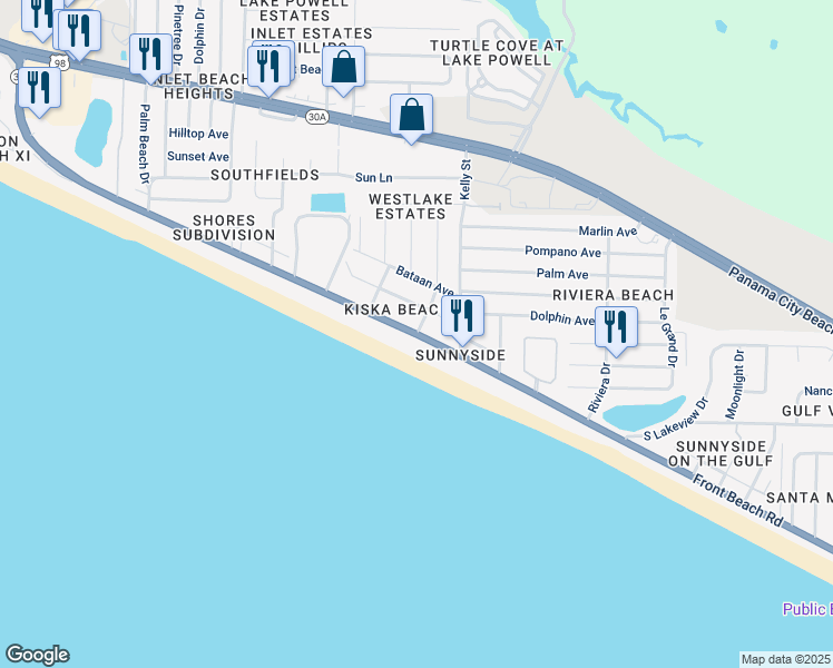 map of restaurants, bars, coffee shops, grocery stores, and more near 22 Derondo Street in Panama City Beach