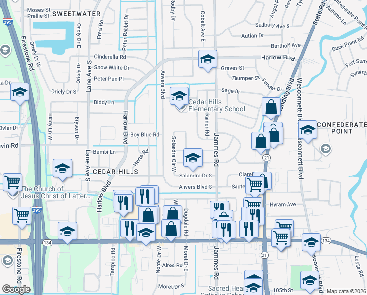 map of restaurants, bars, coffee shops, grocery stores, and more near 6526 Solandra Drive in Jacksonville