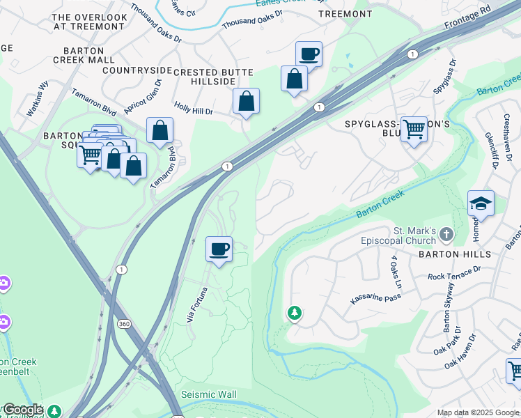 map of restaurants, bars, coffee shops, grocery stores, and more near 2800 Bartons Bluff Lane in Austin