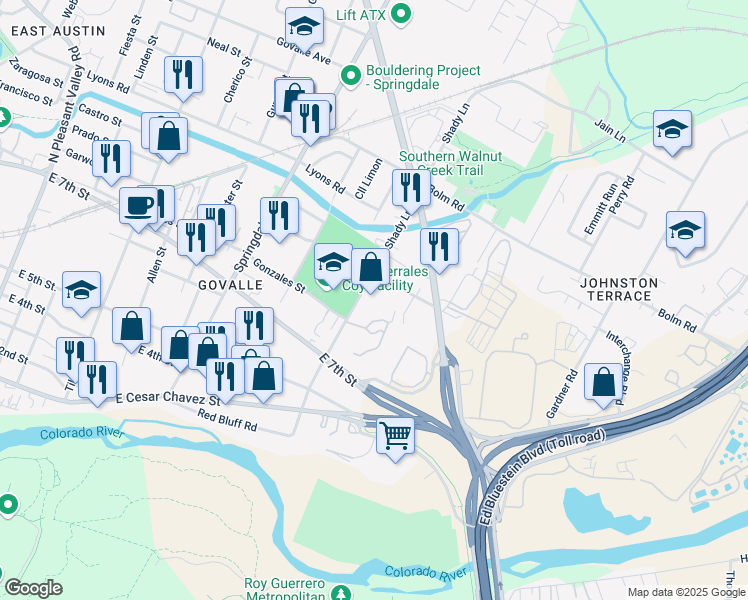 map of restaurants, bars, coffee shops, grocery stores, and more near 719 Shady Lane in Austin