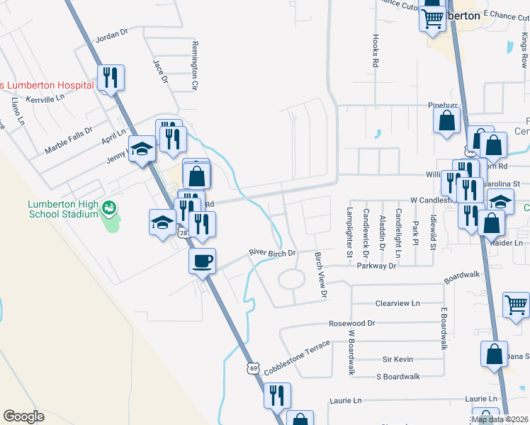 map of restaurants, bars, coffee shops, grocery stores, and more near Chaple Creek Drive in Lumberton