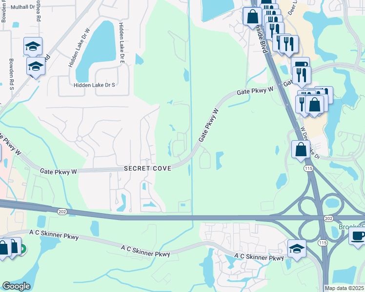 map of restaurants, bars, coffee shops, grocery stores, and more near 8539 Gate Parkway West in Jacksonville