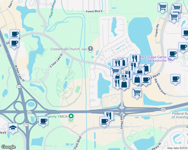 map of restaurants, bars, coffee shops, grocery stores, and more near 10000 Gate Parkway in Jacksonville