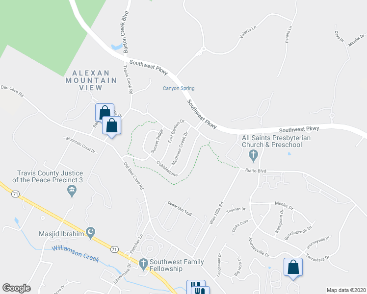 map of restaurants, bars, coffee shops, grocery stores, and more near 5713 Medicine Creek Drive in Austin
