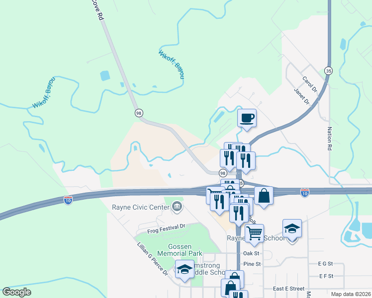 map of restaurants, bars, coffee shops, grocery stores, and more near 9220 Roberts Cove Road in Rayne