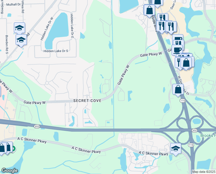 map of restaurants, bars, coffee shops, grocery stores, and more near 8539 Gate Parkway West in Jacksonville