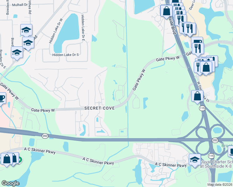 map of restaurants, bars, coffee shops, grocery stores, and more near 8539 Gate Parkway West in Jacksonville