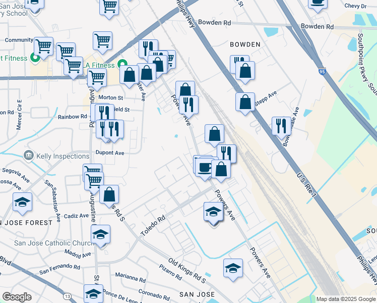 map of restaurants, bars, coffee shops, grocery stores, and more near 101 Powers Avenue in Jacksonville