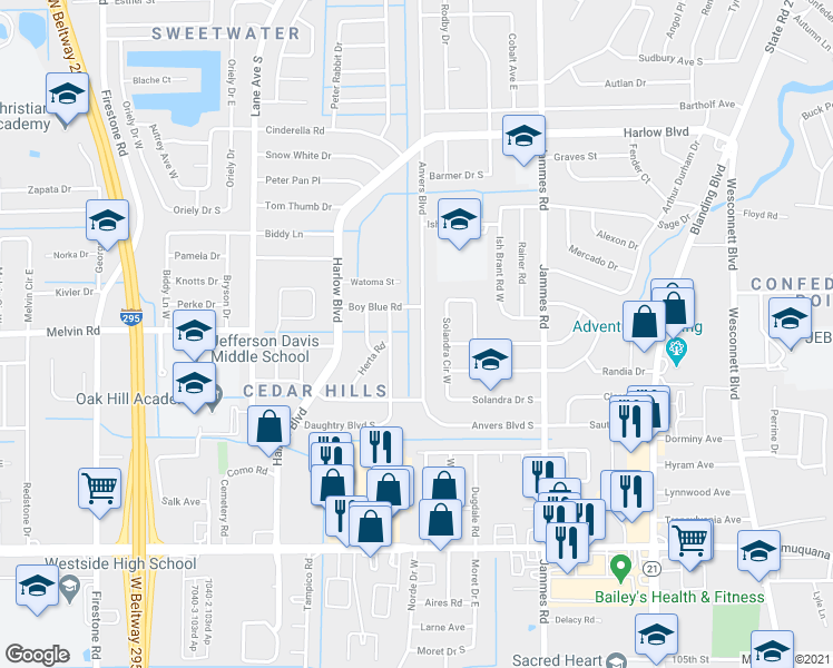 map of restaurants, bars, coffee shops, grocery stores, and more near 4702 Solandra Circle West in Jacksonville