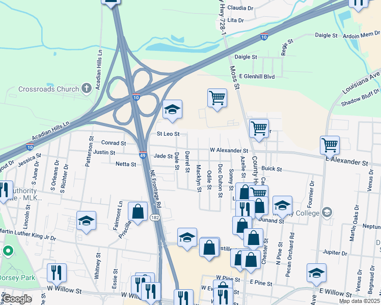 map of restaurants, bars, coffee shops, grocery stores, and more near 101 Darrel Street in Lafayette