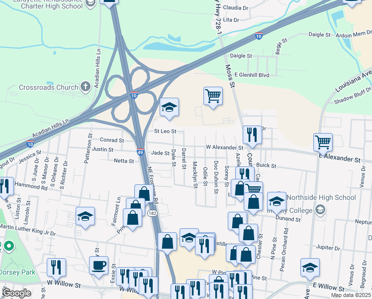 map of restaurants, bars, coffee shops, grocery stores, and more near 101 Darrel Street in Lafayette